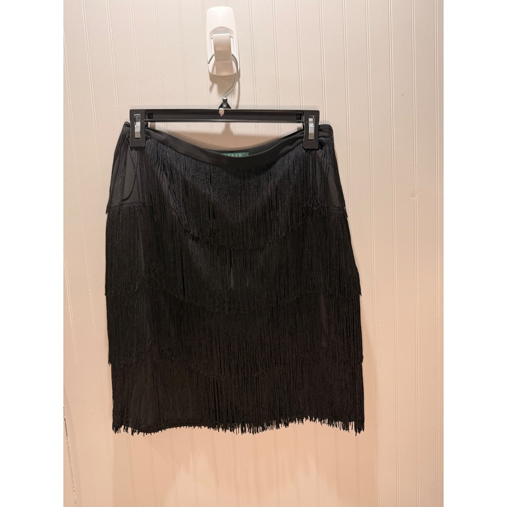 Lauren Ralph Lauren Black Fringe‎ Mini Skirt Tiered Flapper Gatsby Party Size 2